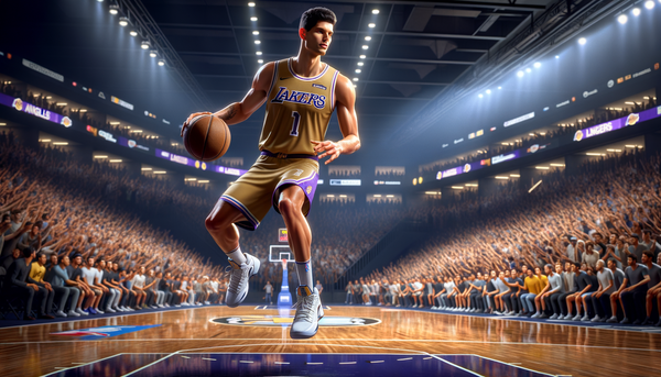 Gabe Vincent playing basketball in Lakers jersey