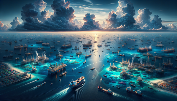 Aerial view of the South China Sea showing shipping routes and islands.