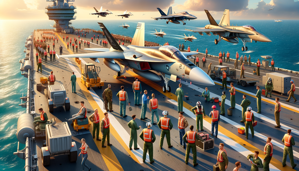 An aircraft carrier with jets on deck and a dramatic sea backdrop