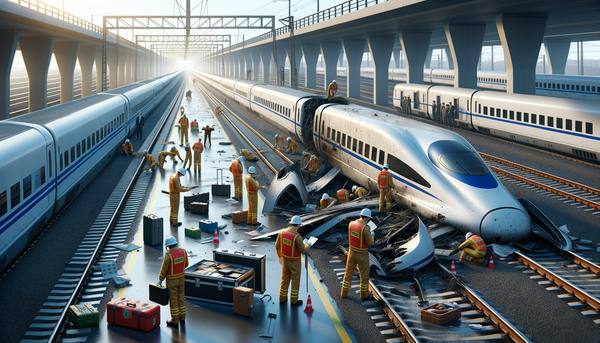 Bullet train speeding on tracks amidst cityscape