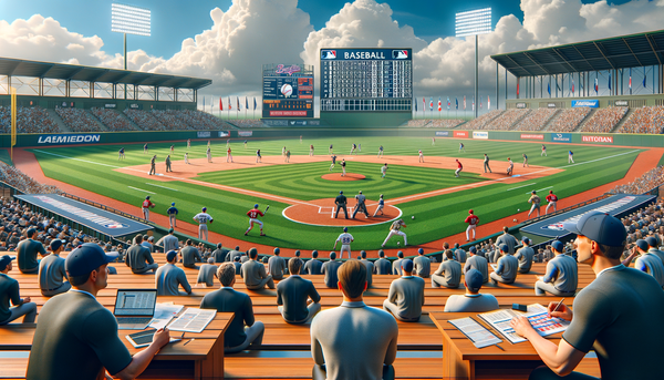 Baseball field with players and fans