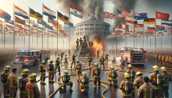 Firefighters holding a flag with ribbons