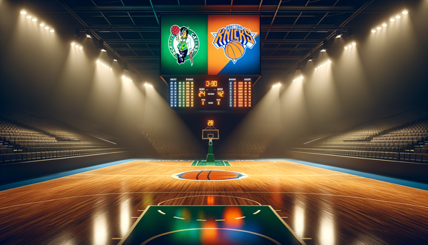 Knicks and Celtics players in action on the court