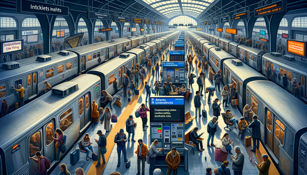 NJ Transit trains at a busy station