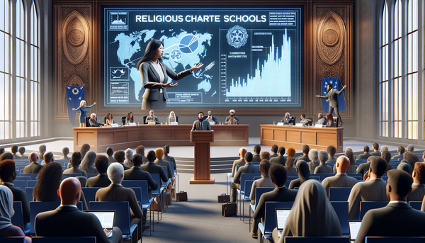 A diverse group of students studying in a classroom with a focus on a legal battle about religious charter schools