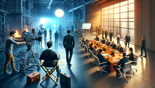 A behind-the-scenes look at a film set with stand-ins preparing the scene