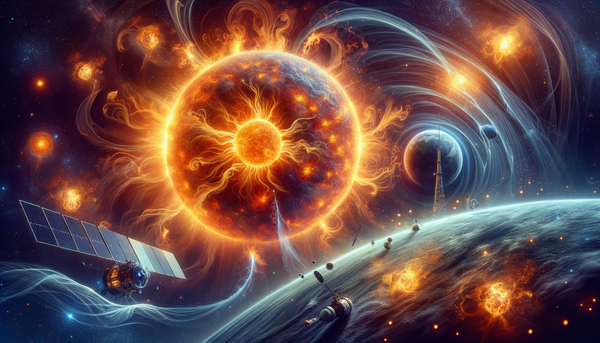 A vivid image of the Sun showing sunspots and solar flares
